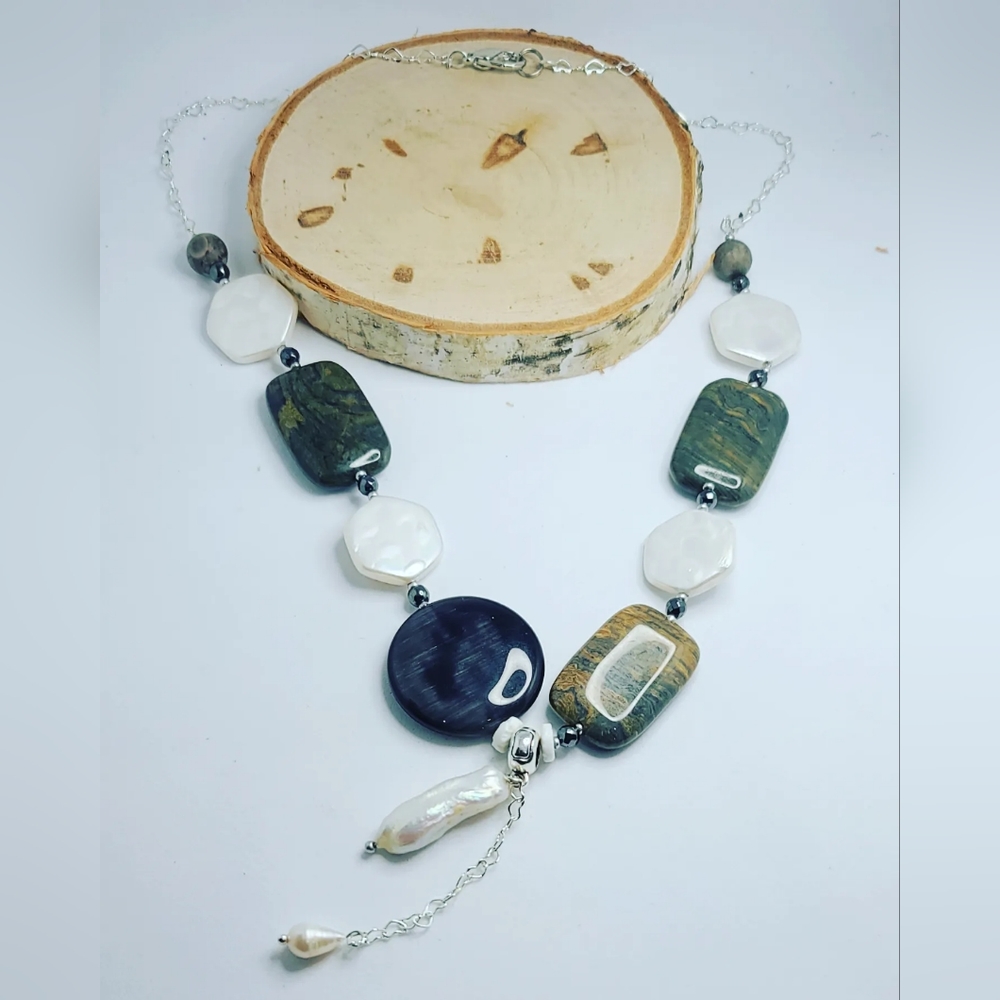 Baroque Pearl, Imperial Jasper Stainless steel chain necklace